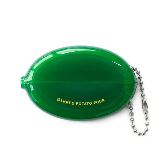 Green container with 'Three Potato Four' text and a chain on a white background