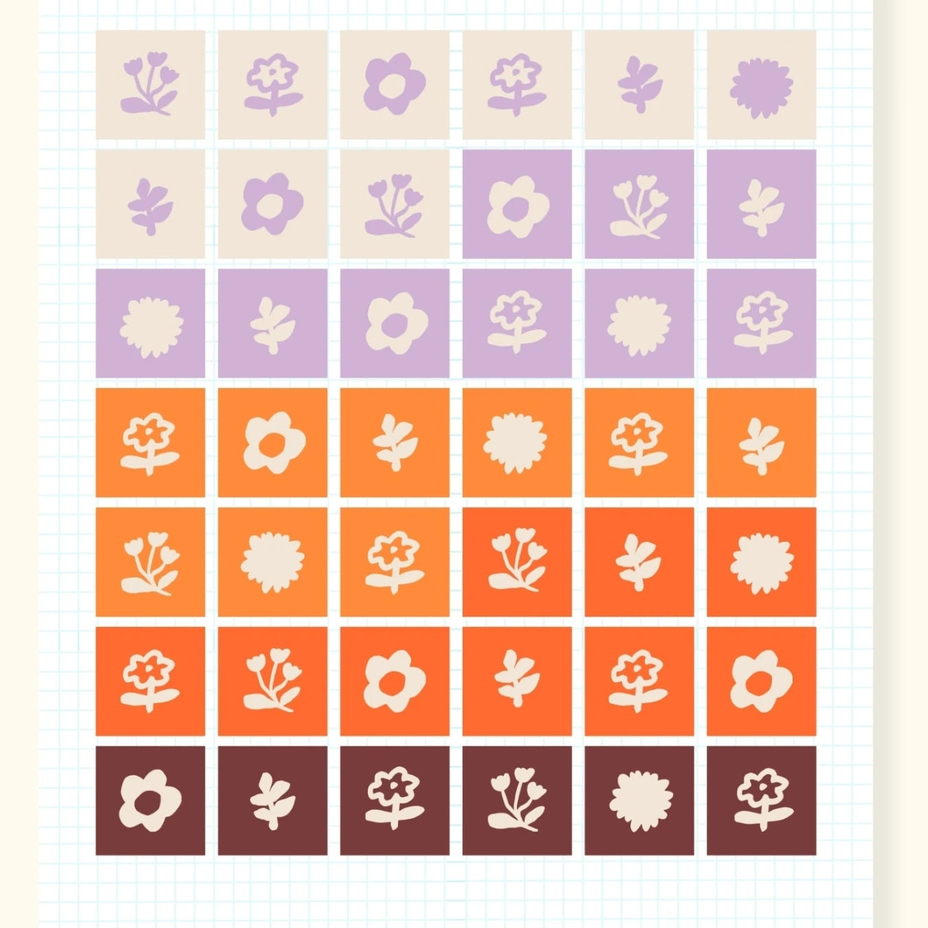 Floral tile sticker sheet, purple and orange