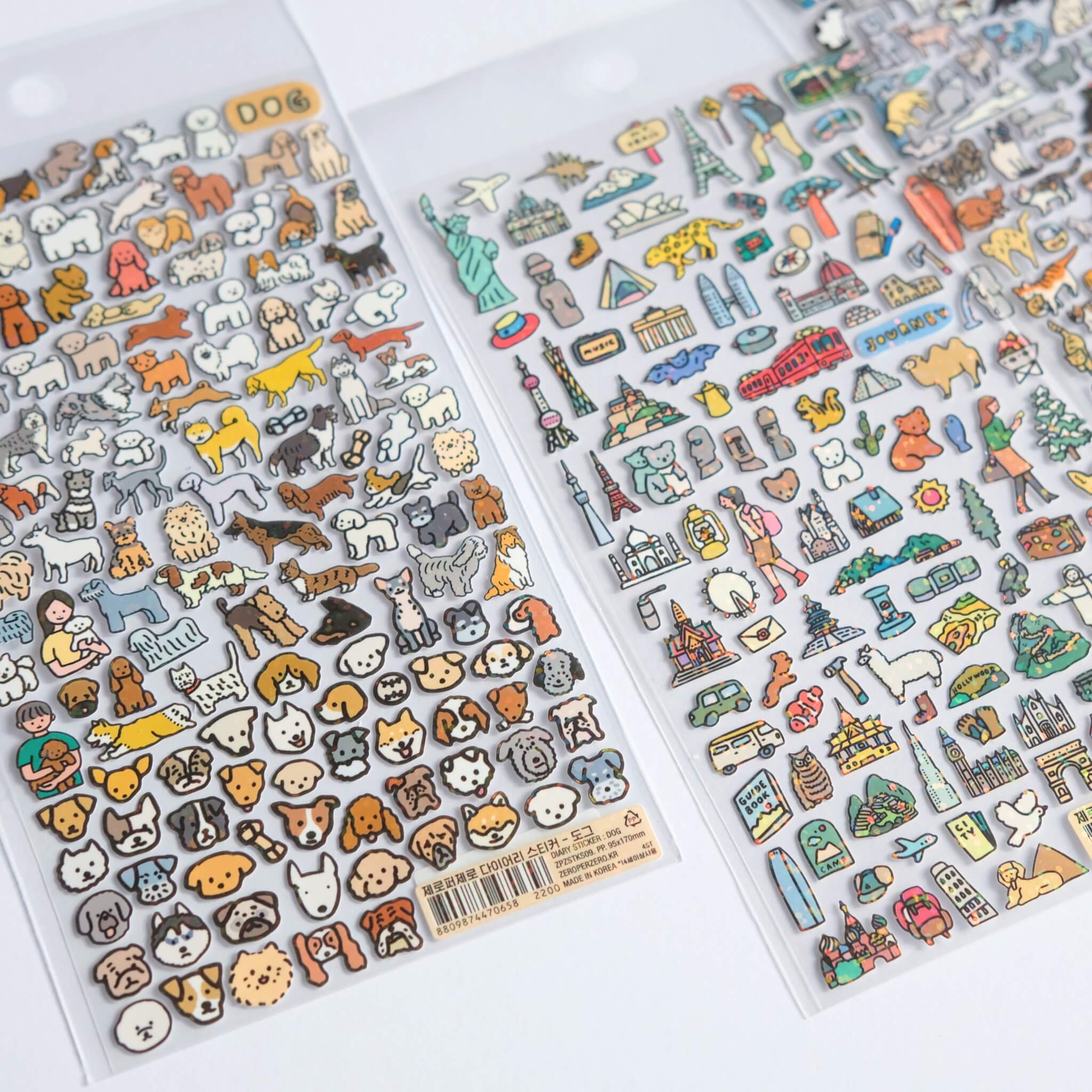 Flat lay of zero per zero illustrated sticker sheets