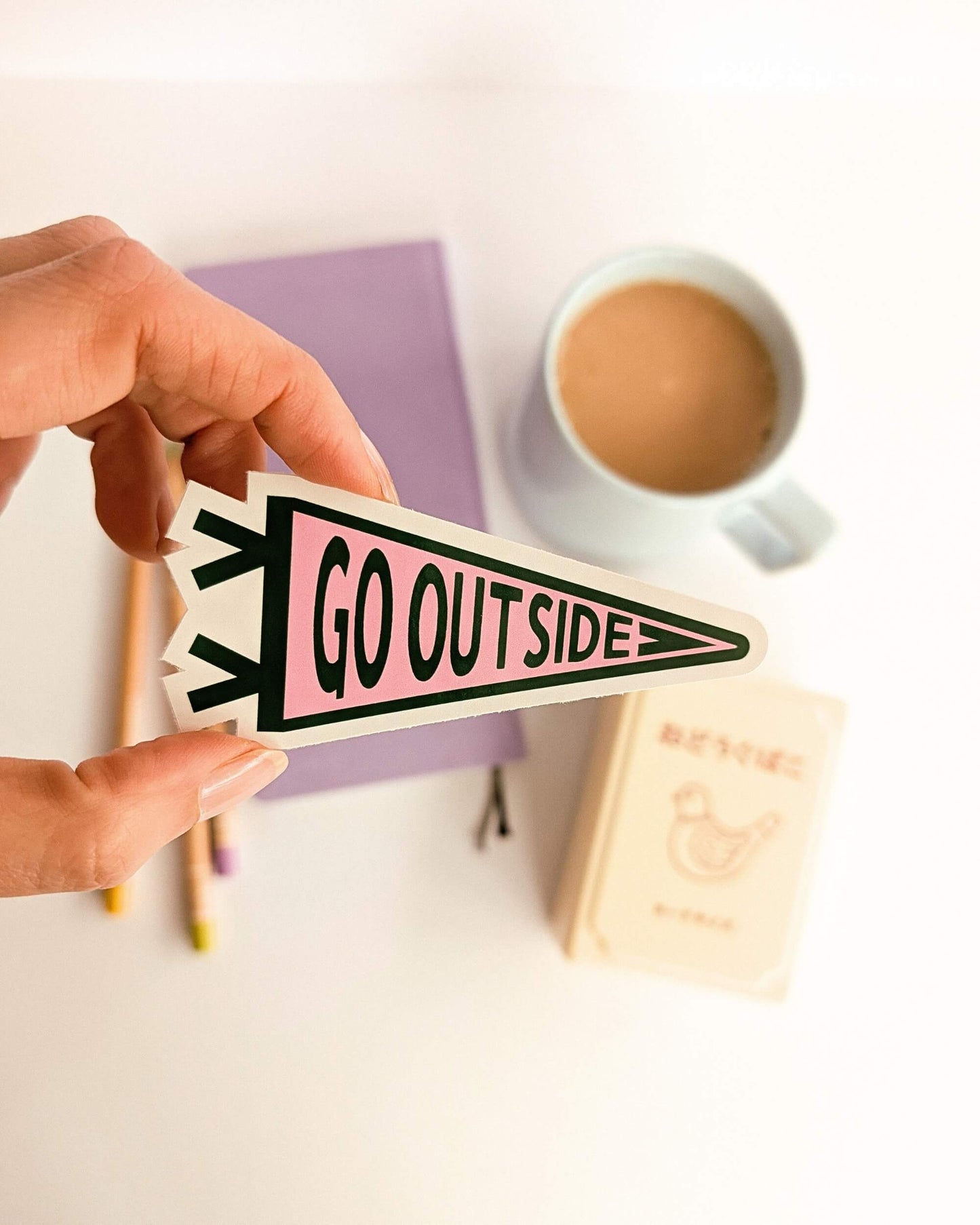Go Outside pennant flag vinyl sticker – Finest Imaginary illustrated laptop sticker UK