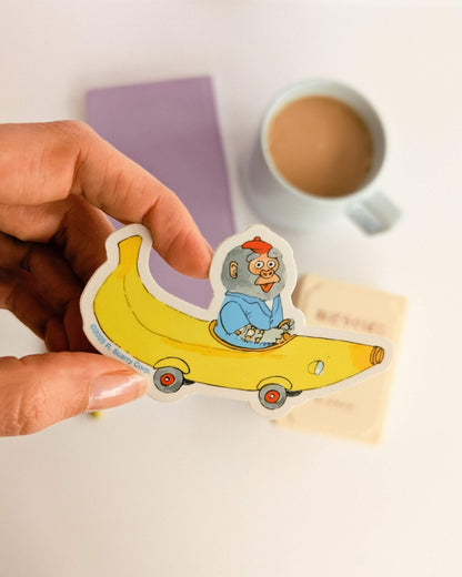 richard scarry banana car vinyl sticker in hand for size comparison