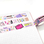 Pink washi tape with artistic designs on a white surface