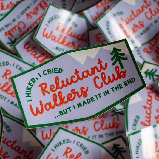 Reluctant Walkers Club vinyl sticker with illustrated pennant design