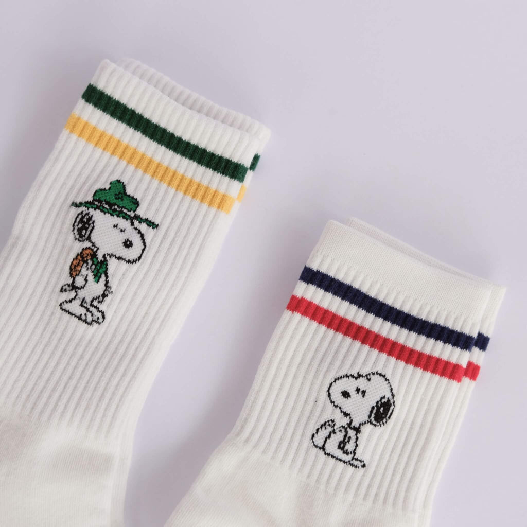 Snoopy socks Peanuts novelty crew socks green stripe and blue and red