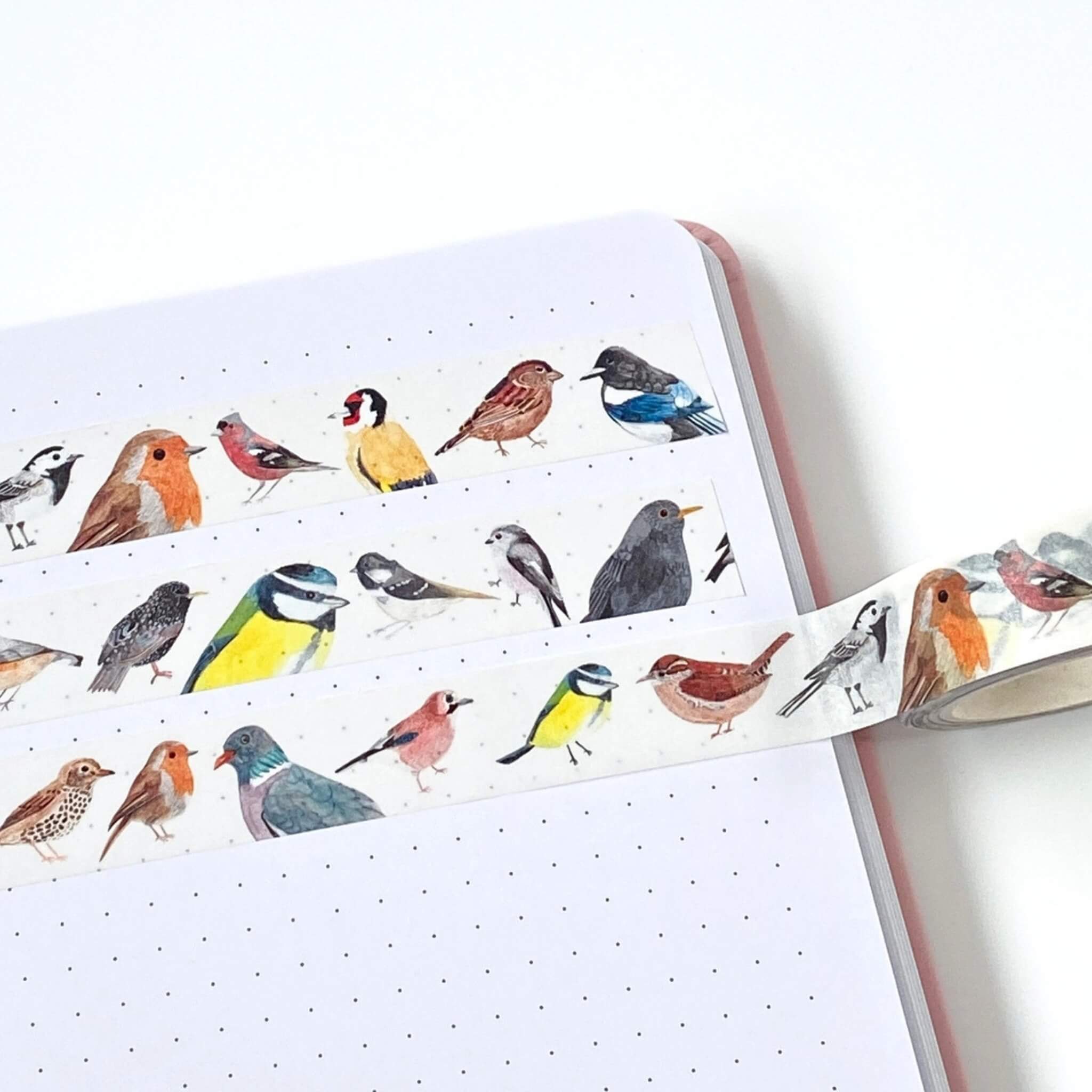 watercolour designs of british birds on washi tape