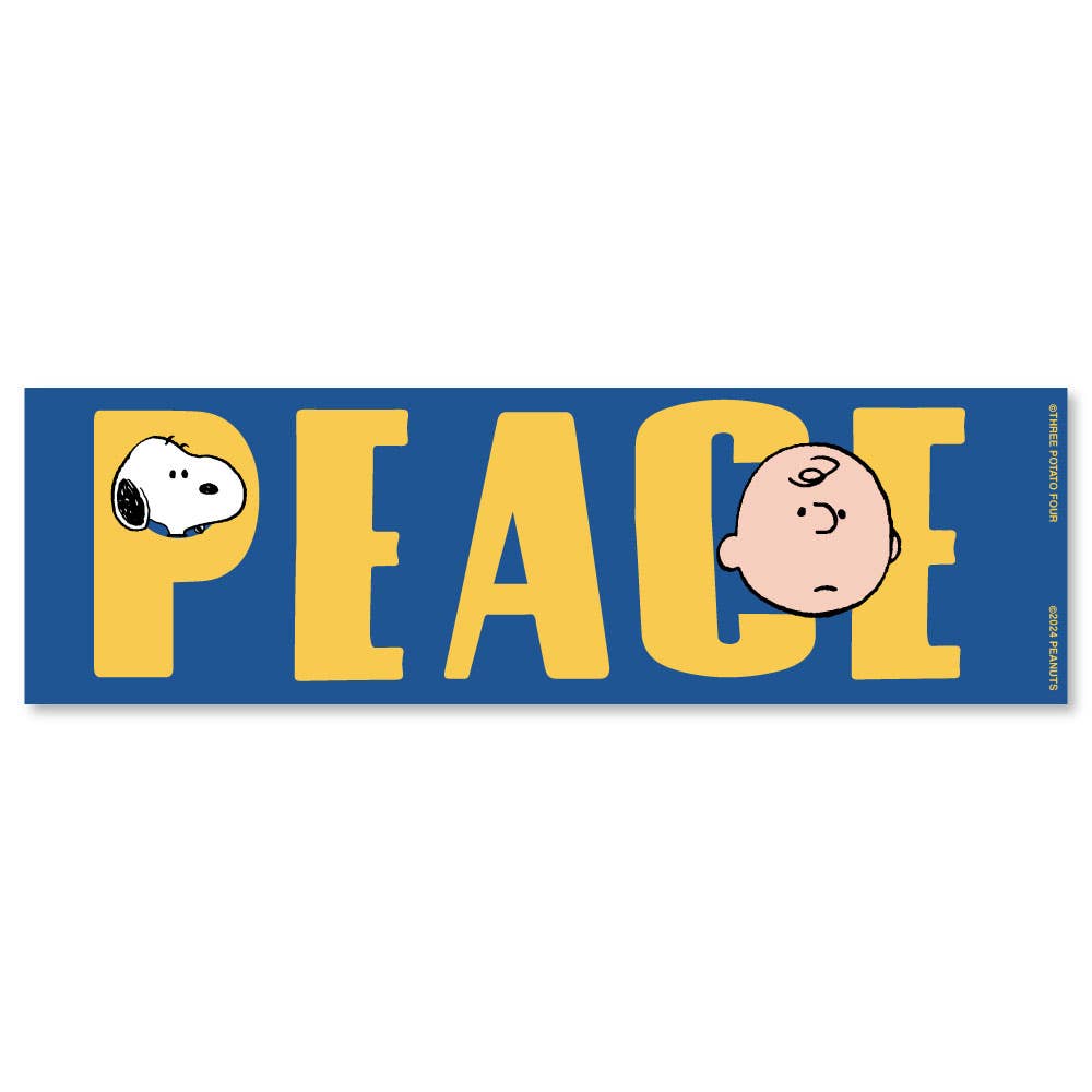 Sticker with 'PEACE' in yellow on a blue background, featuring Snoopy and Charlie Brown.