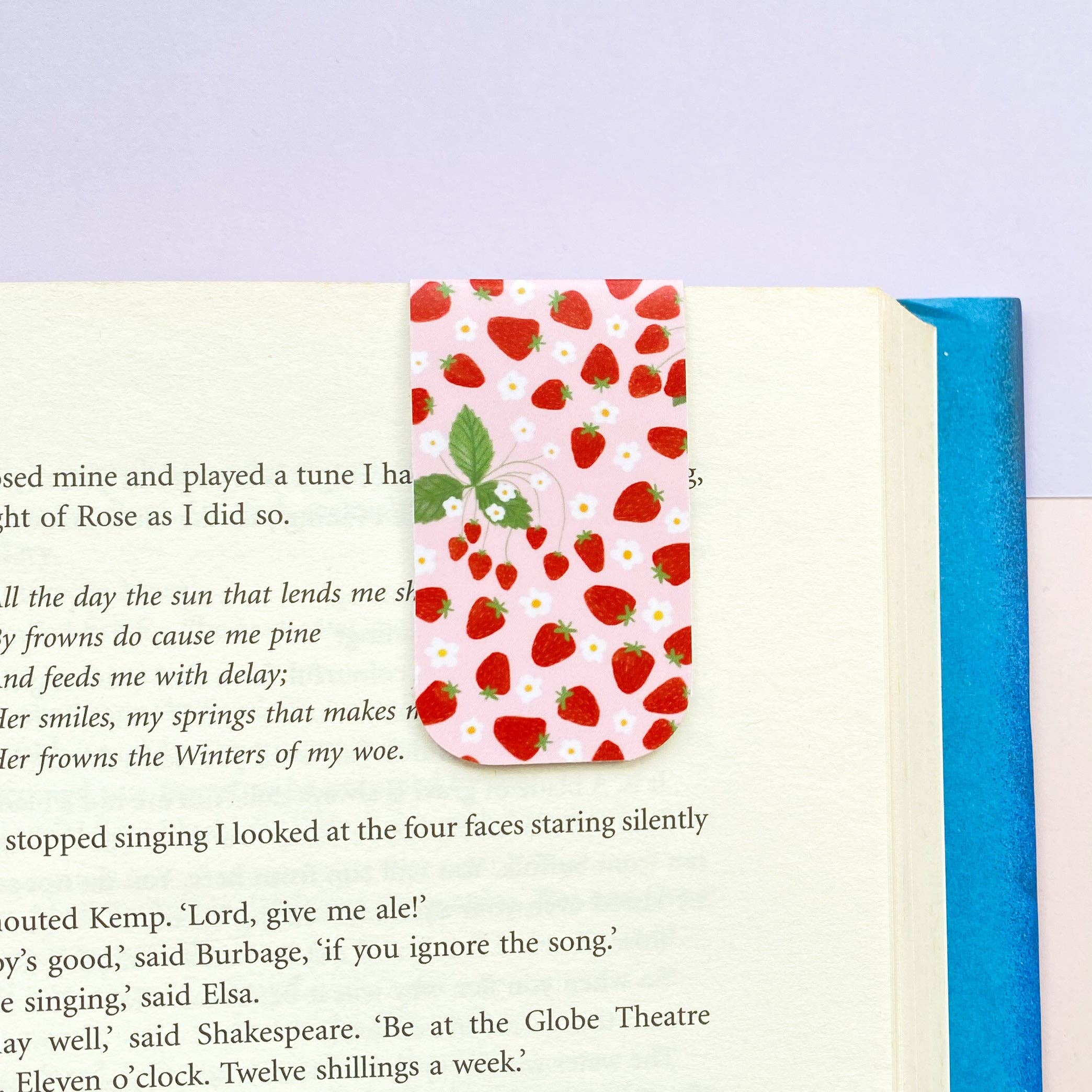 Strawberry magnetic bookmark with pink floral pattern