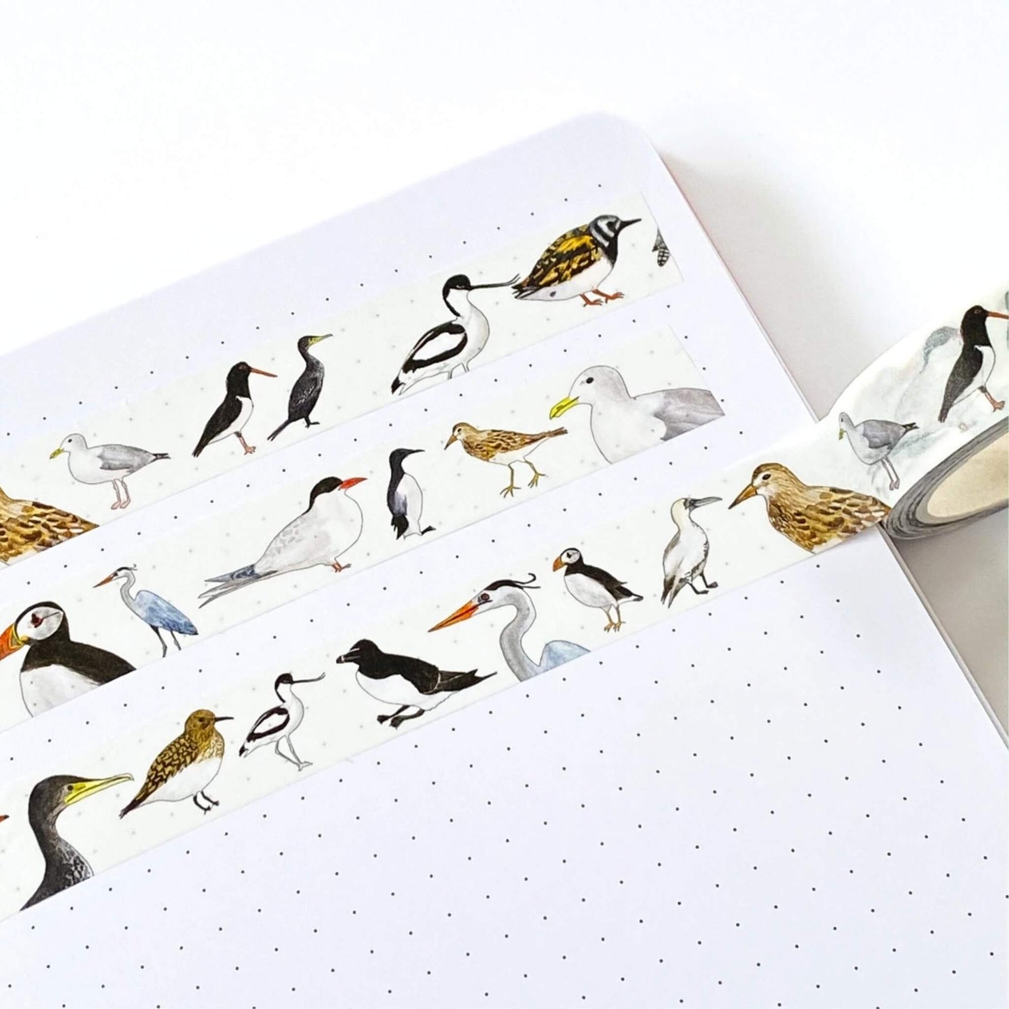 british coastal birds washi tape on white surface with a pen.