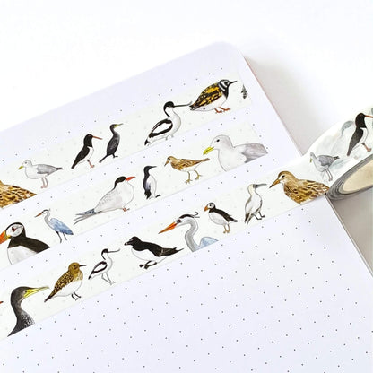 british coastal birds washi tape on white surface with a pen.
