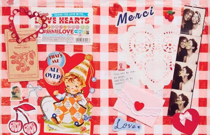 Collection of vintage-style items including a box of Love Hearts candy, a cartoon character, and a collage of photos on a red and white checkered background.
