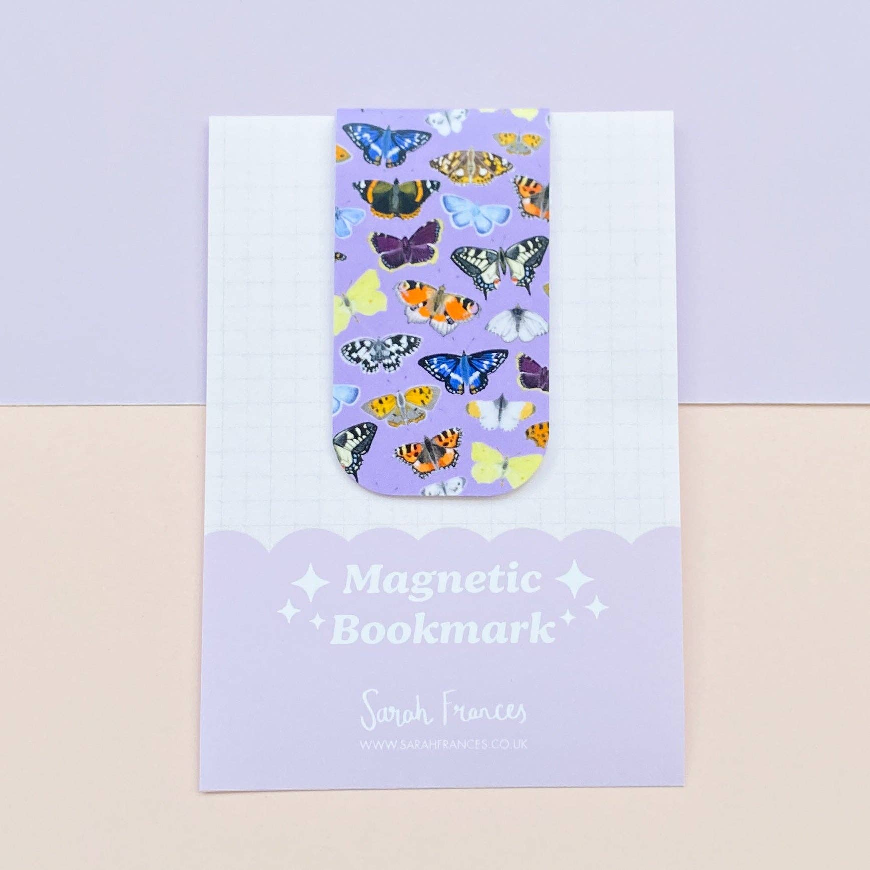 Magnetic bookmark with butterfly design on a matching card, branded 'Sarah Frances'.