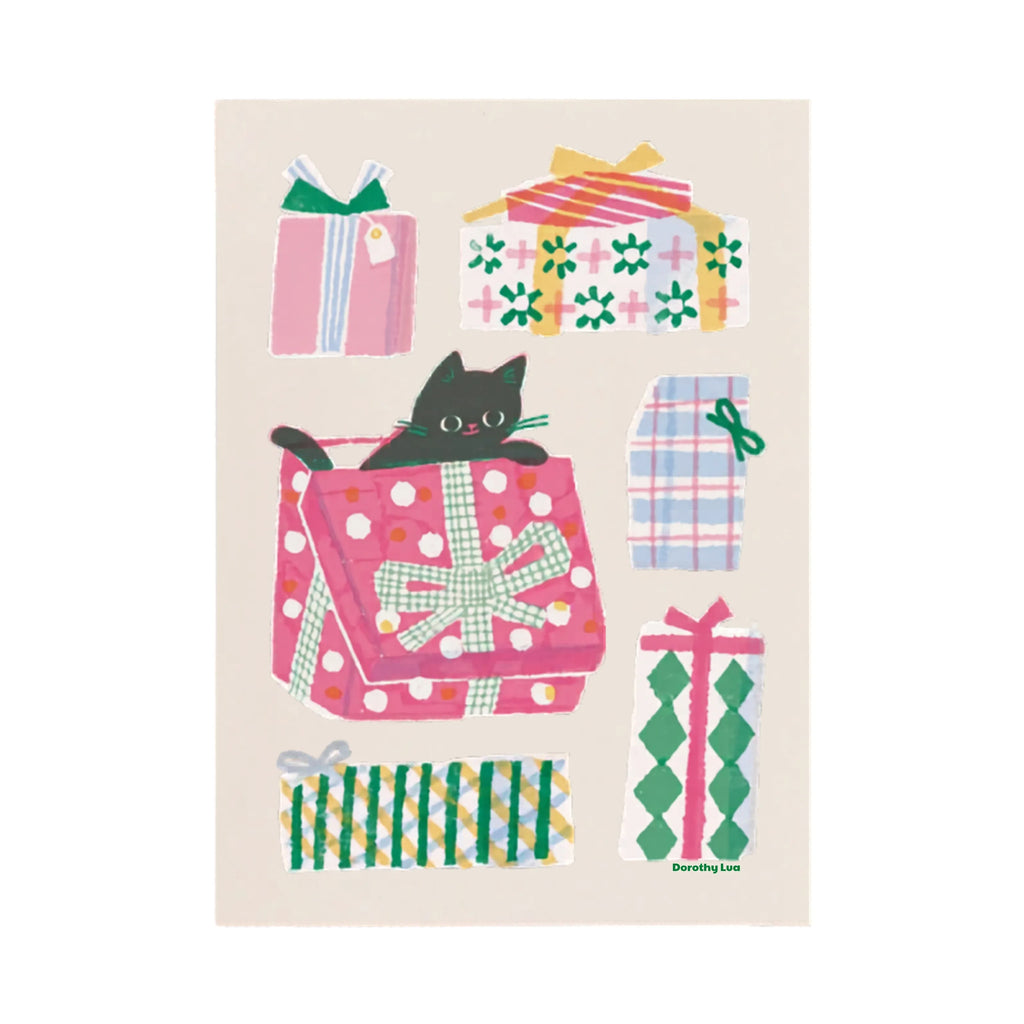 A6 Greeting Card – Kitty & Giftboxes by Printer Johnson