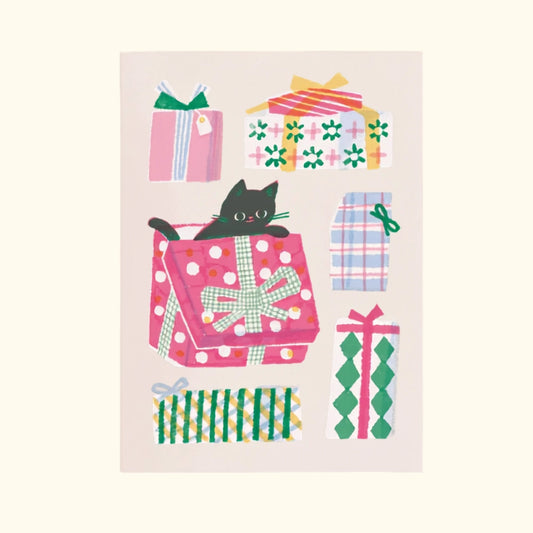 A6 greeting card, kitty and giftboxes, by Printer Johnson