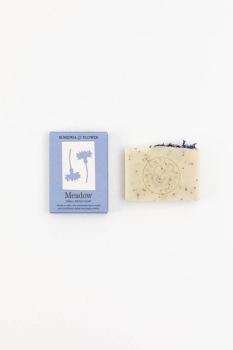 Fragrance free handmade soap bar with cornflower petals and poppy seeds