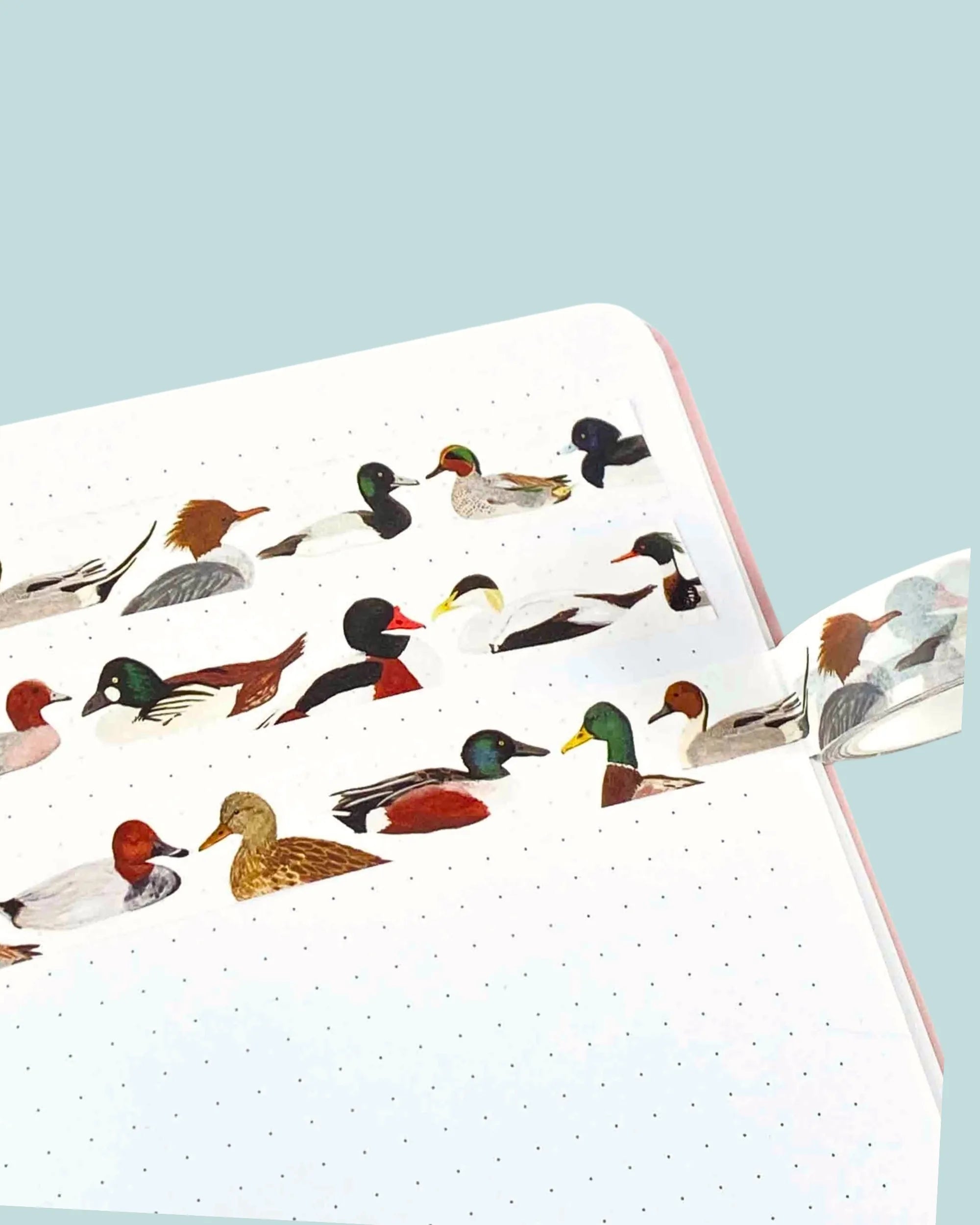 open notebook with washi tape featuring british duck illustrations