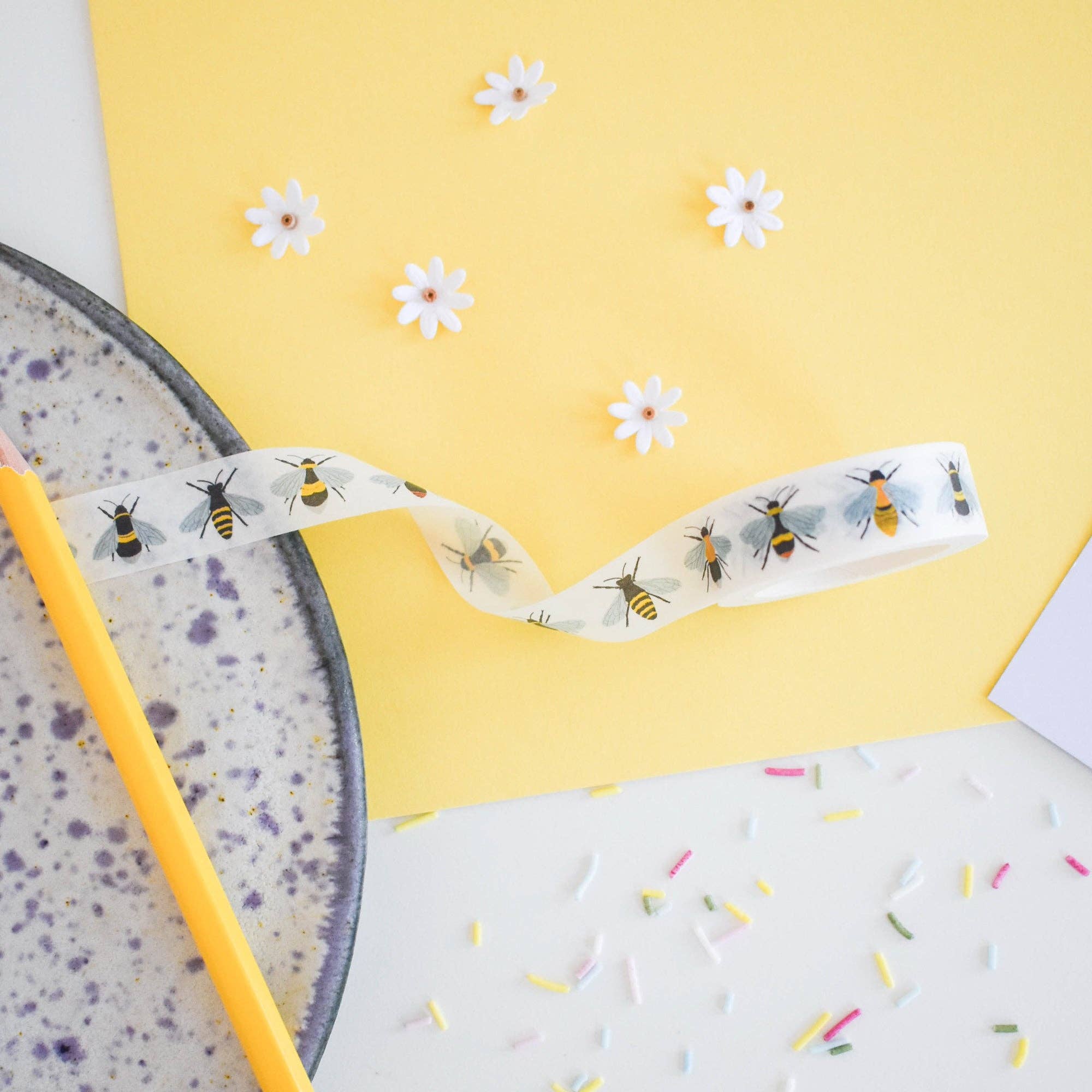 british bee washi tape on yellow background