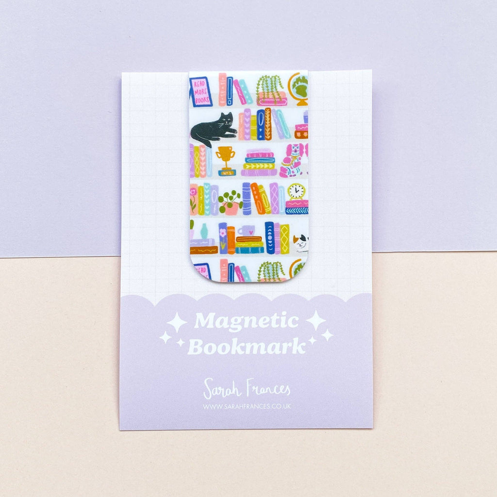 Magnetic bookmark packaging with colorful illustrations on a light purple background