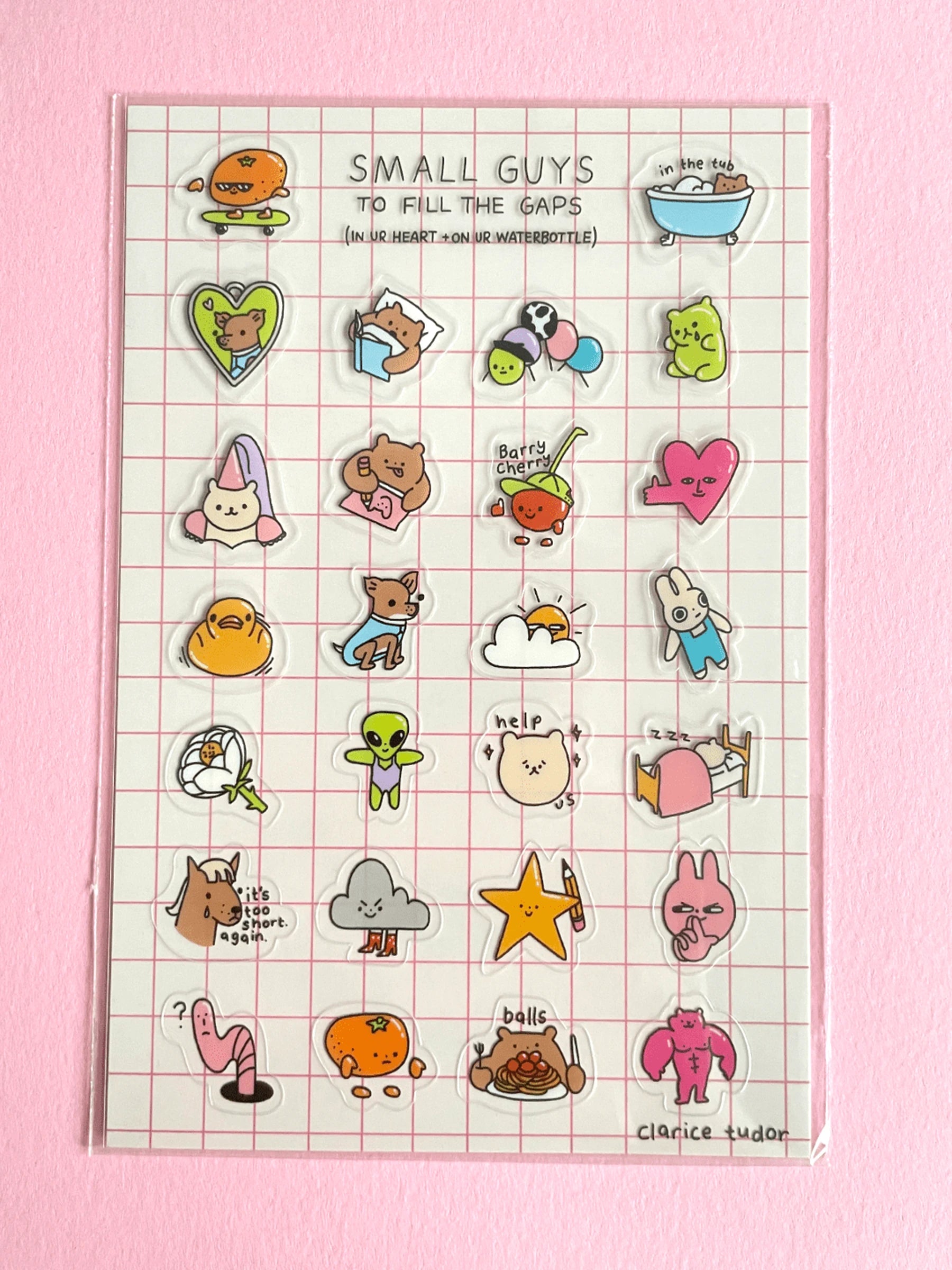 More Small Guys vinyl sticker sheet – 26 illustrated transparent stickers – Clarice Tudor