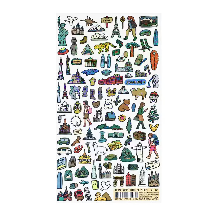 Zero Per Zero illustrated travel sticker sheet on transparent background