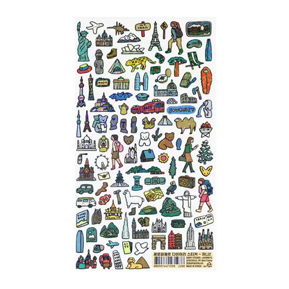 Zero Per Zero illustrated travel sticker sheet on transparent background