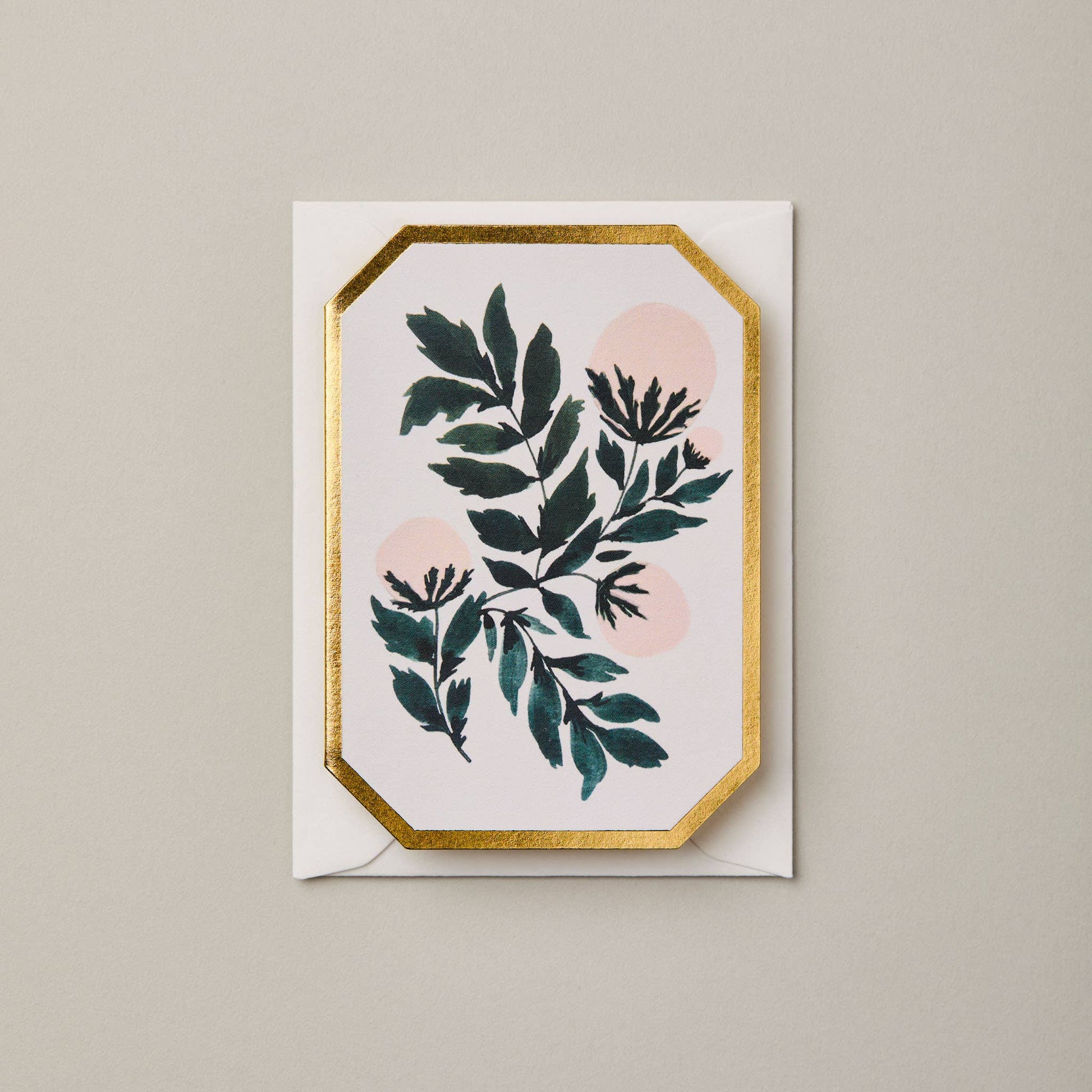 A7 greeting card featuring a peonies botanical illustration by Katie Housley. Die cut, foiled, and printed on 300gsm card.