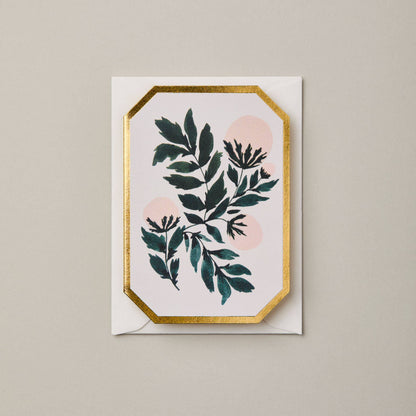A7 greeting card featuring a peonies botanical illustration by Katie Housley. Die cut, foiled, and printed on 300gsm card.
