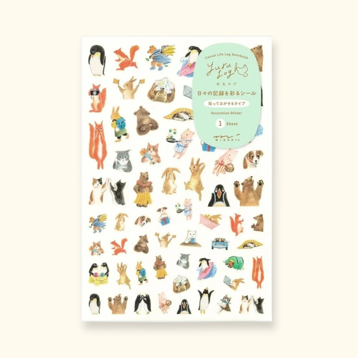 Midori Yuru Log sticker sheet – animal design