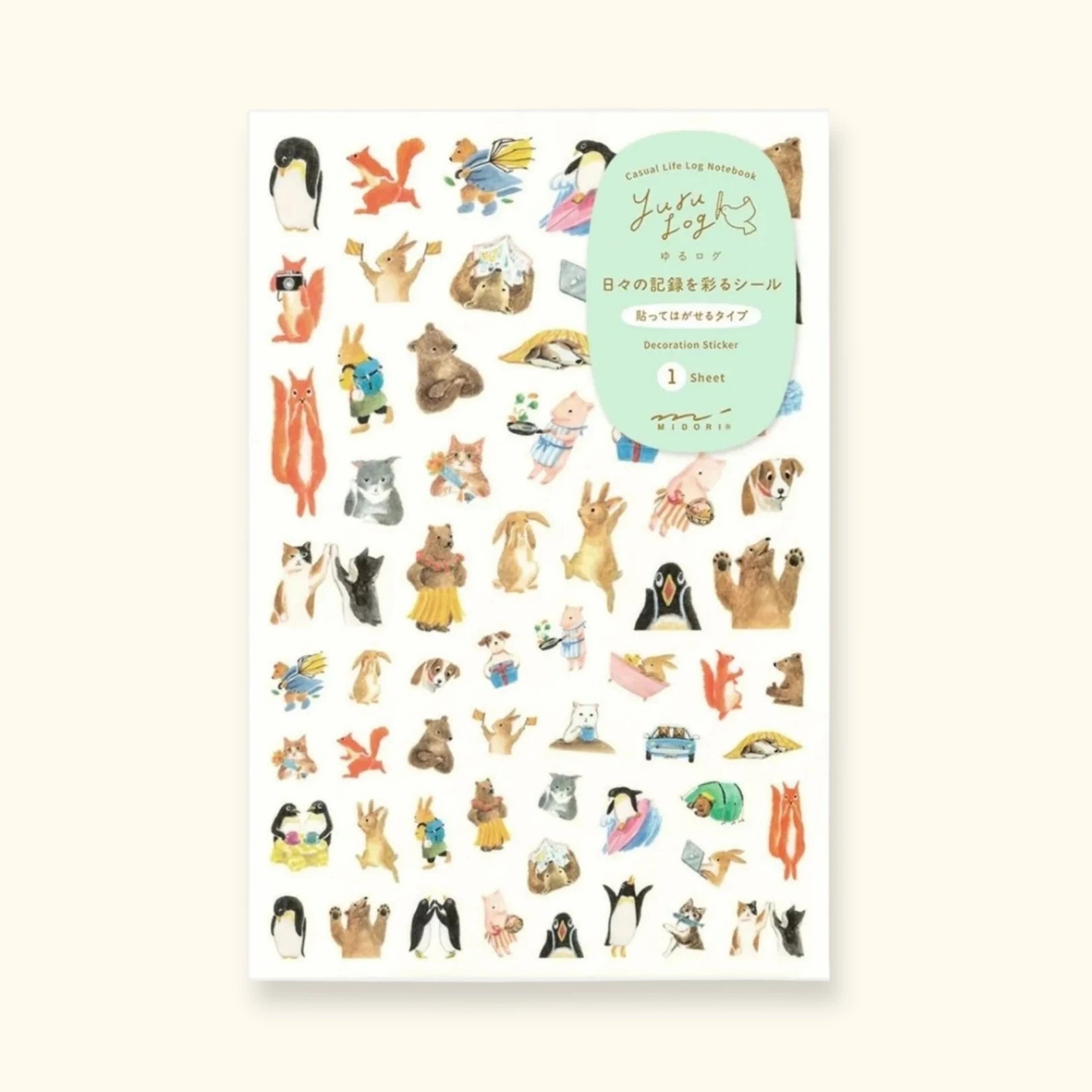 Midori Yuru Log sticker sheet – animal design