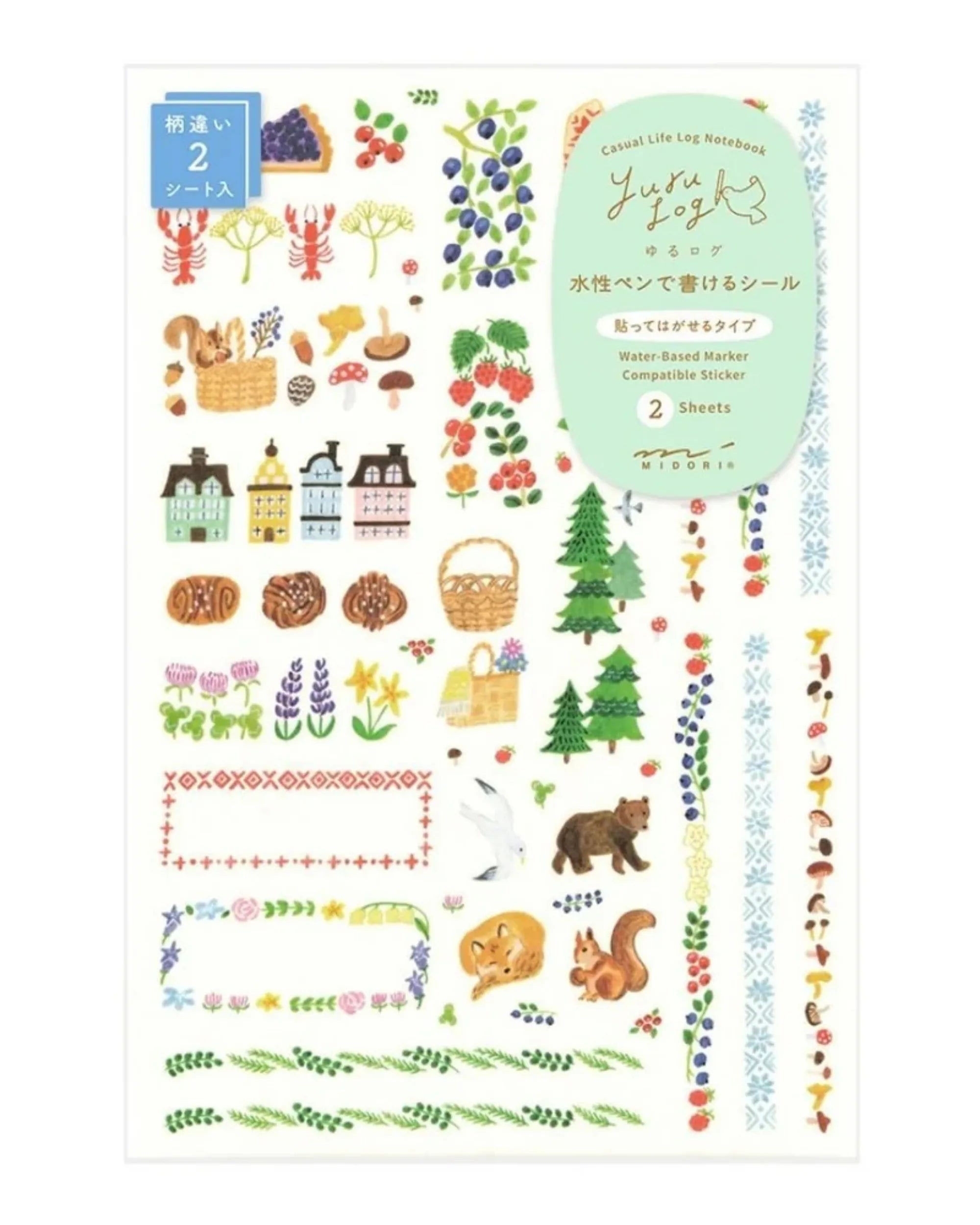 Midori Yuru Log Sticker Sheets – Forest Animal (Set of 2)