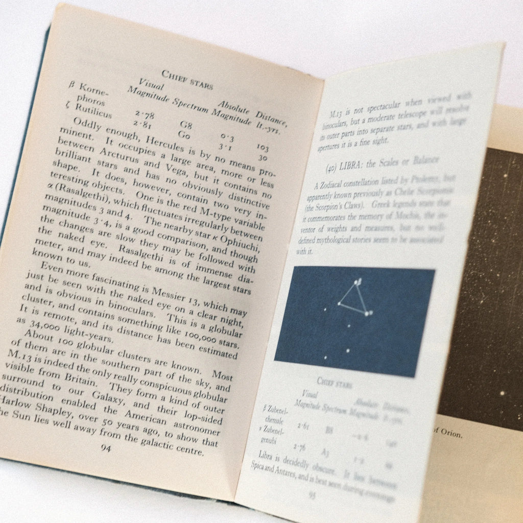 Open book with text and a star chart on a white background