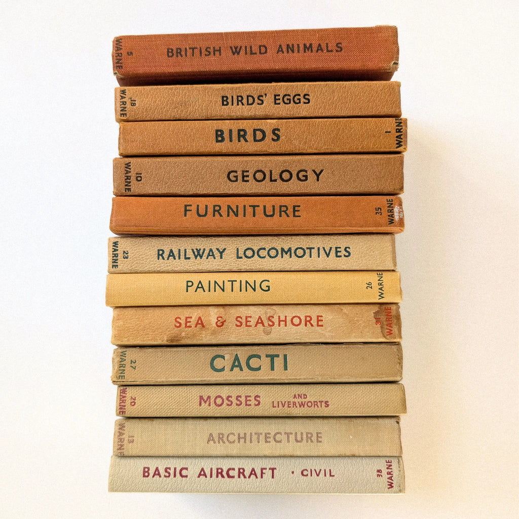 Stack of vintage books with titles on a white background