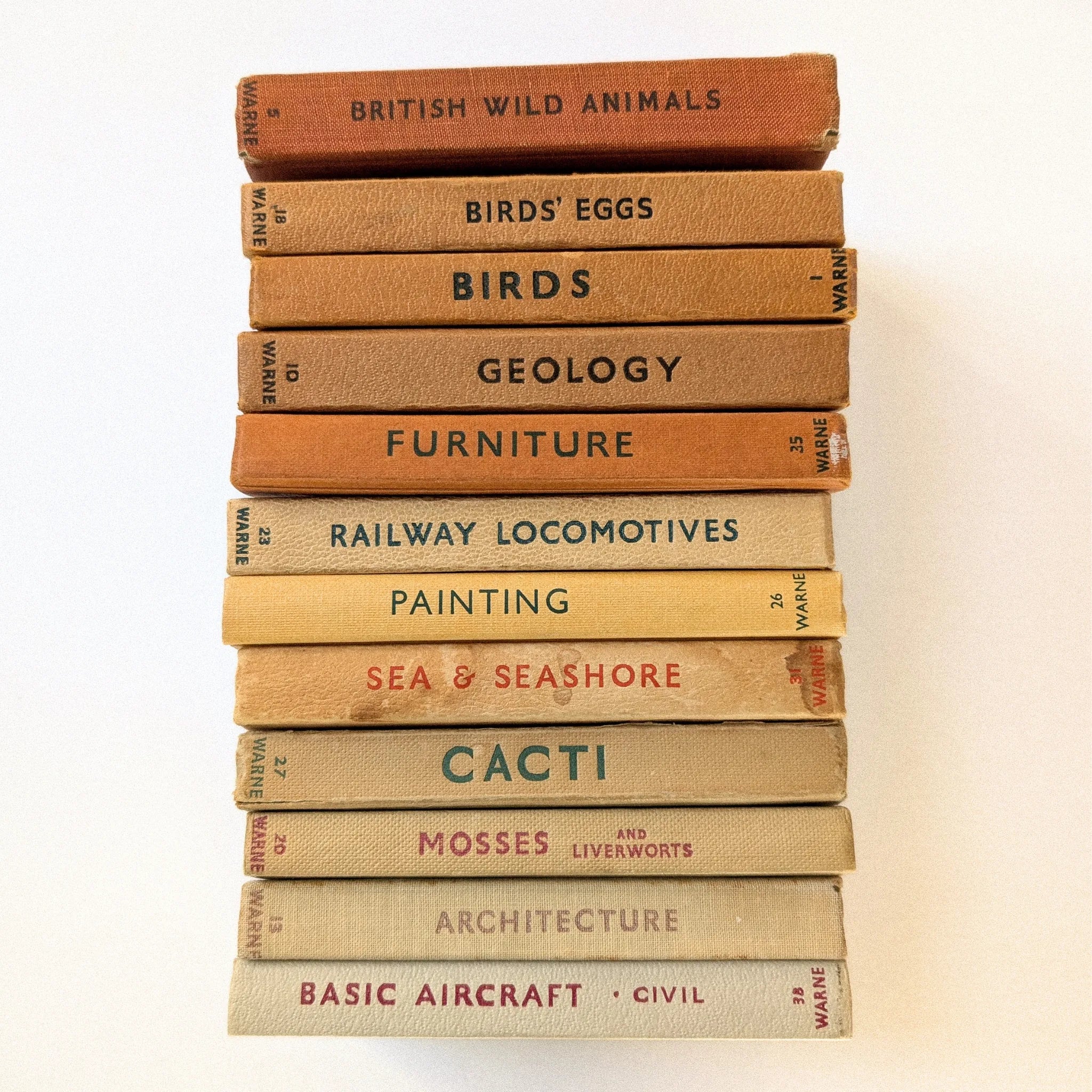 Stack of vintage books with titles on a white background