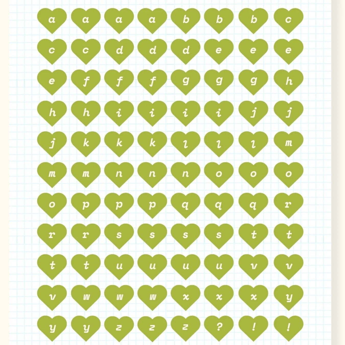 Alphabet Hearts Sticker Sheet — Olive Green