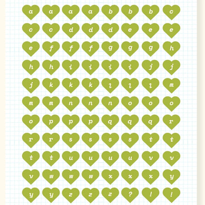 Alphabet Hearts Sticker Sheet — Olive Green