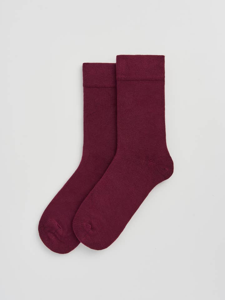 Pair of burgundy socks on a light gray background