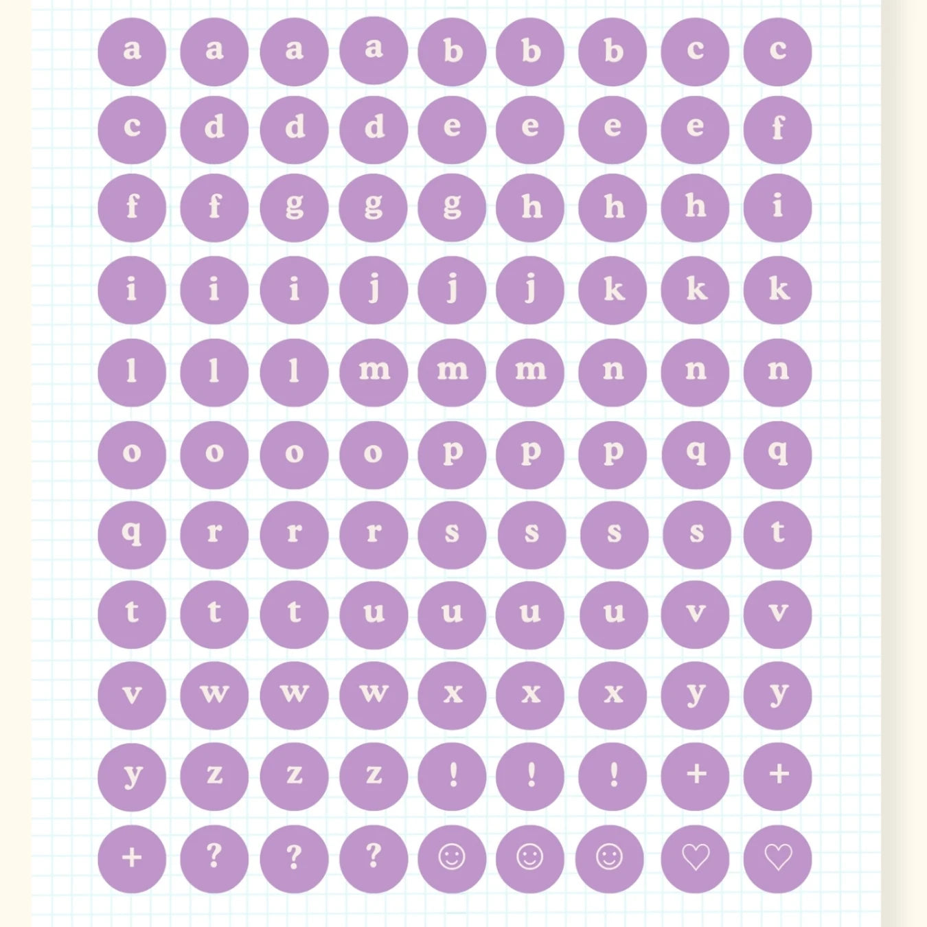 Alphabet sticker sheet, lavender circles design