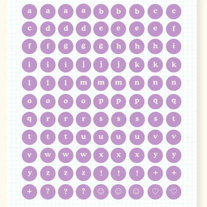 Alphabet sticker sheet, lavender circles design
