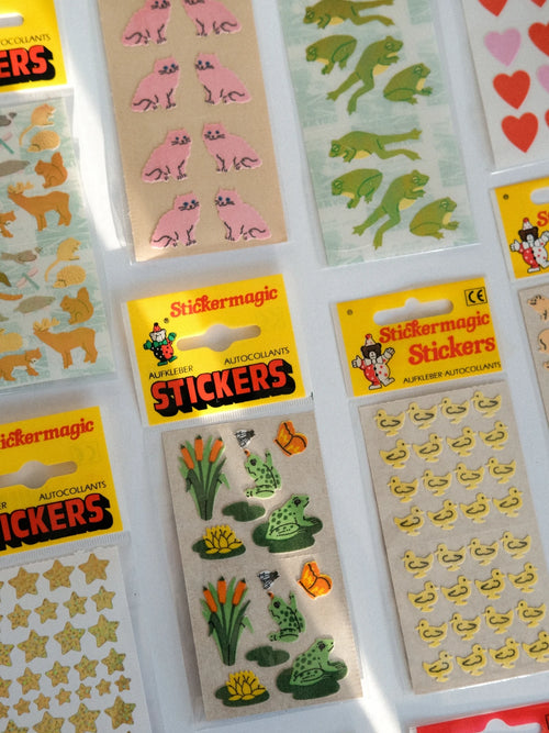 Collection of vintage Stickermagic stickers with animals and nature-themed designs.