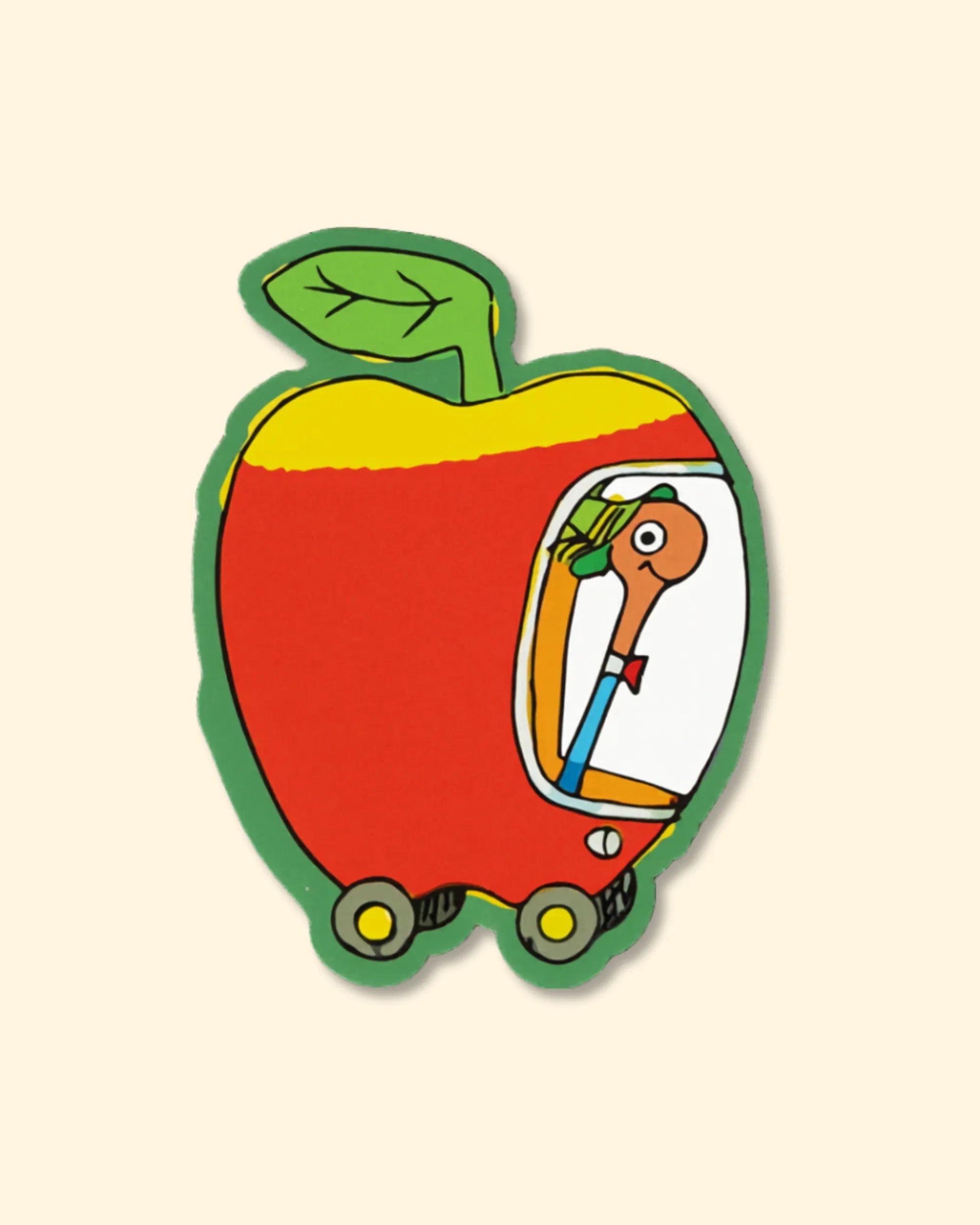 Lowly worm in his apple car on a vinyl sticker from richard scarrys busytown