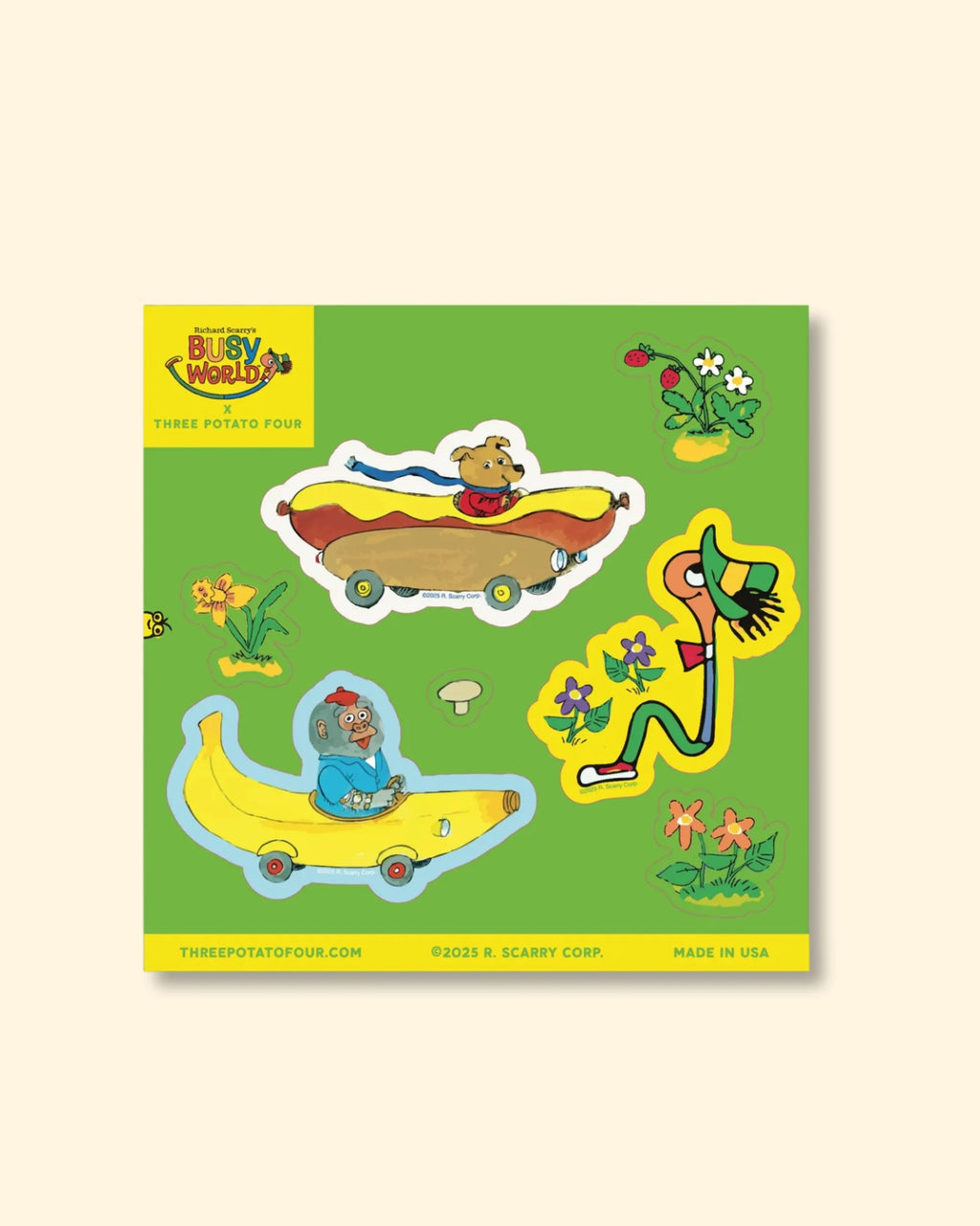 Sticker sheet with richard scarry characters in cars