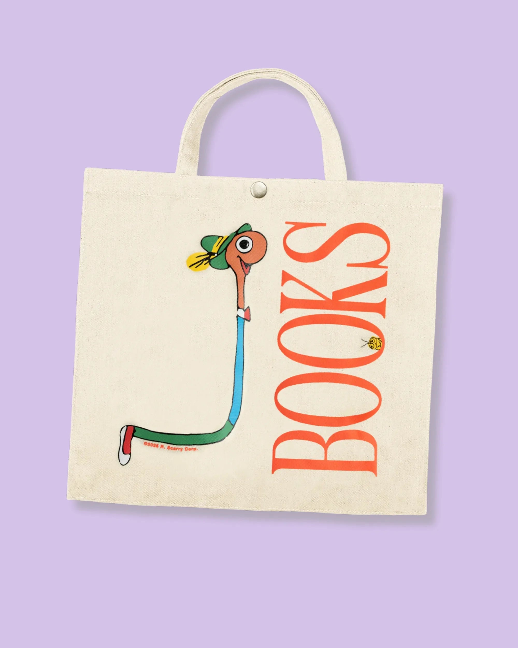 cream tote bag with lowly worm from richard scarry and Books text
