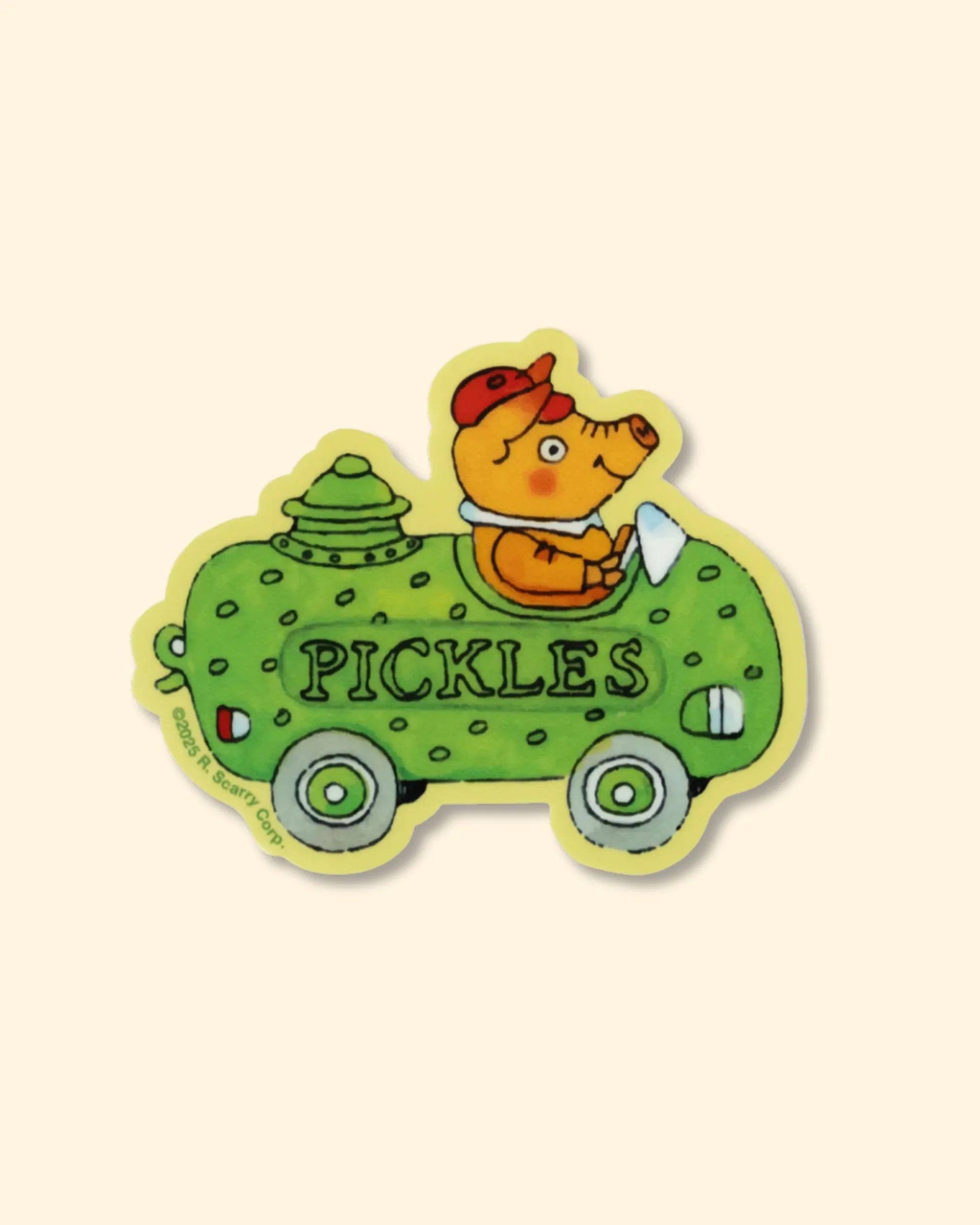 Sticker of a pig in a pickles car from richard scarry busytown
