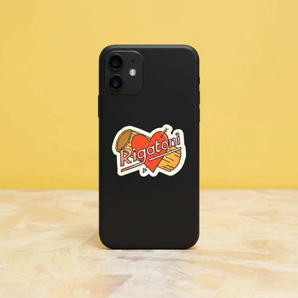 Rigatoni gloss vinyl sticker on back of mobile phone