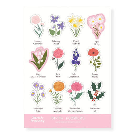 Birth flowers monthly sticker sheet – illustrated floral stickers – Sarah Frances