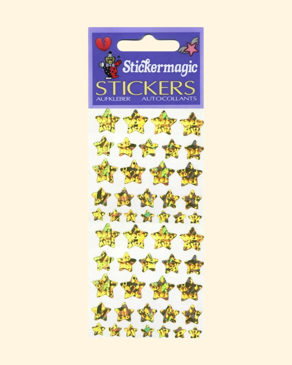 Pack of yellow star-shaped stickers with 'Stickermagic' branding on a beige background