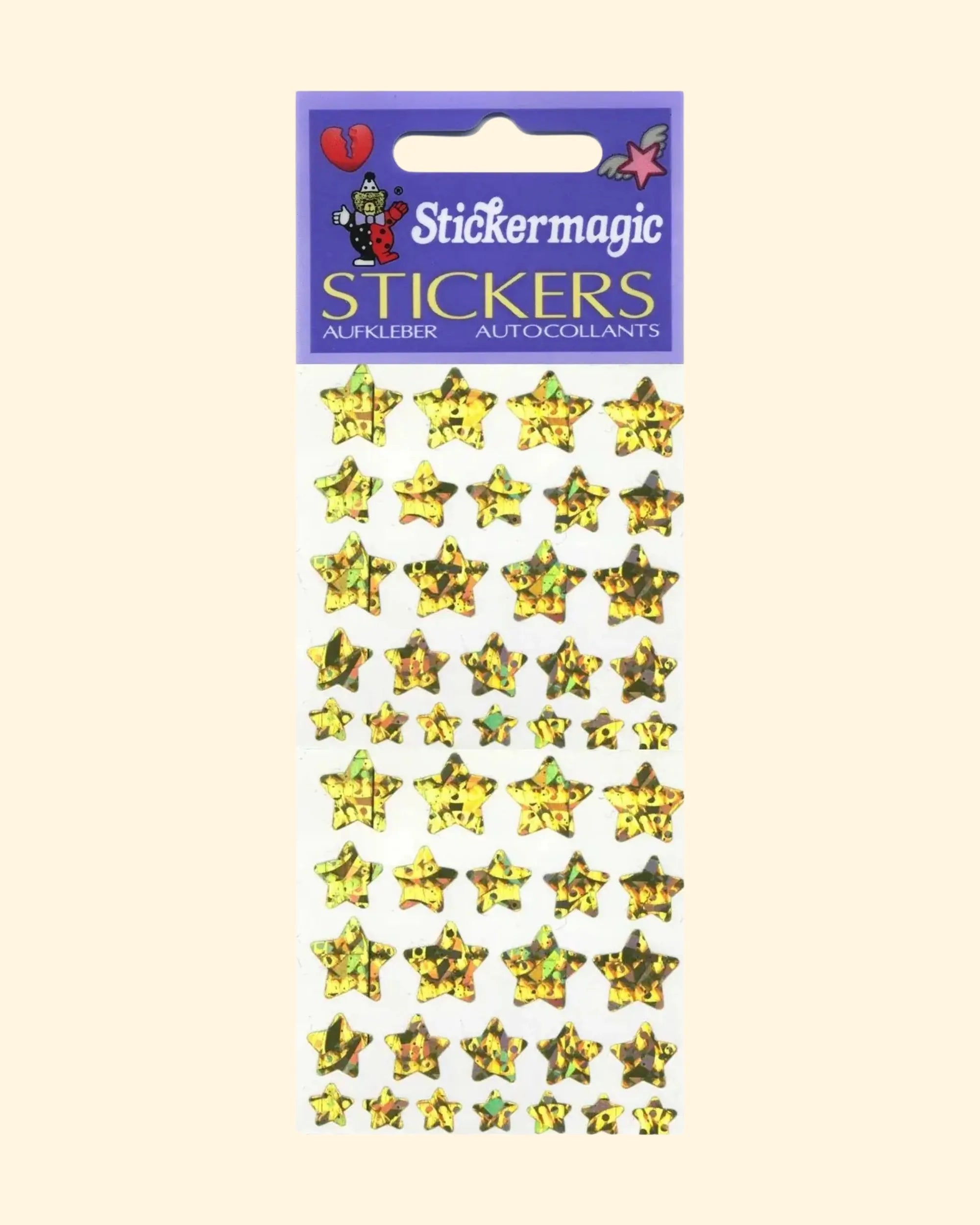 Pack of yellow star-shaped stickers with 'Stickermagic' branding on a beige background