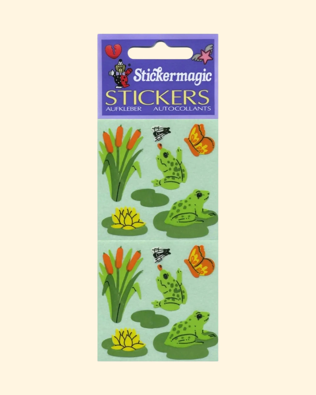 Pack of Stickermagic stickers with frogs, lily pads, and other nature-themed designs on a light blue background.