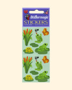 Pack of Stickermagic stickers with frogs, lily pads, and other nature-themed designs on a light blue background.