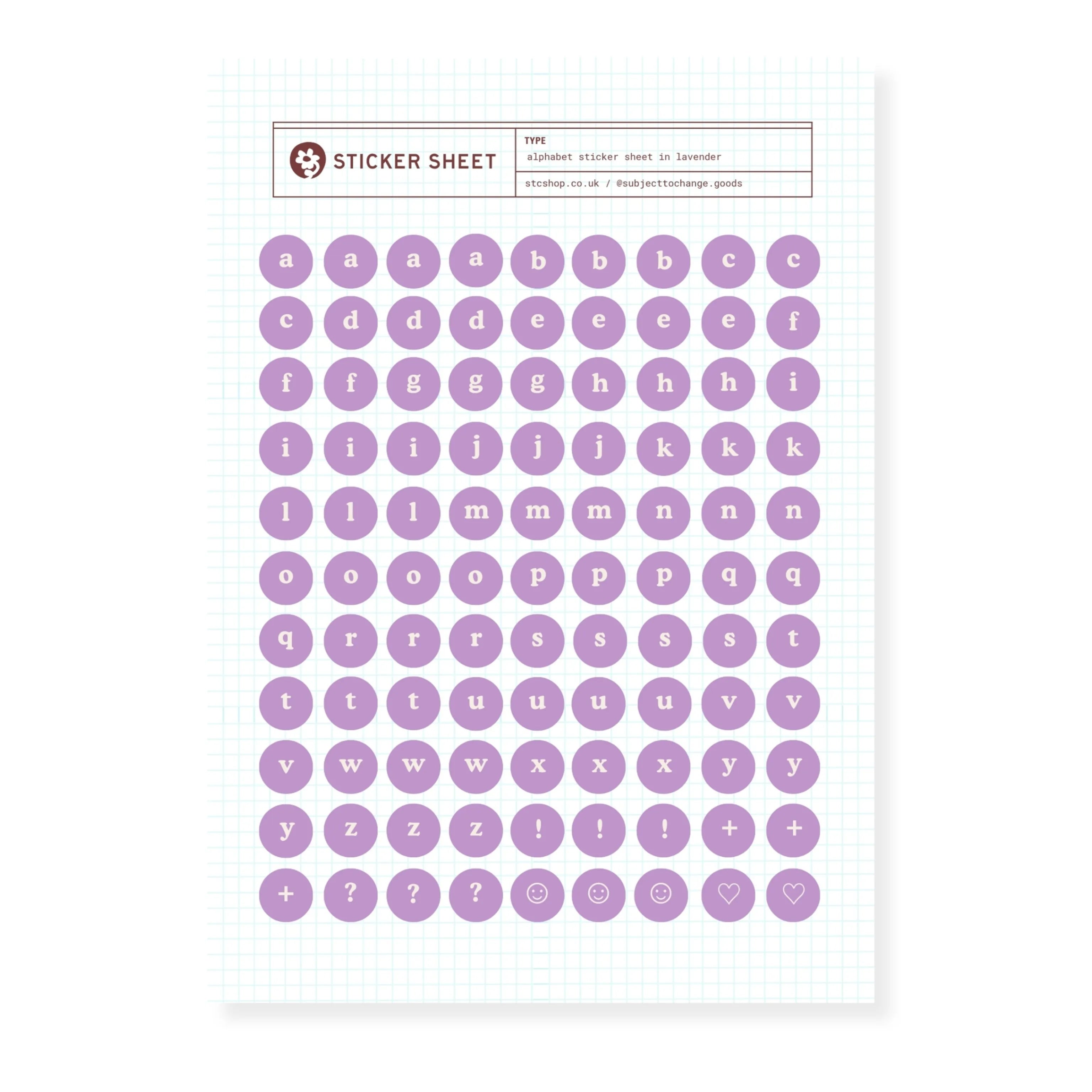 Alphabet Sticker Sheet — Lavender Circles