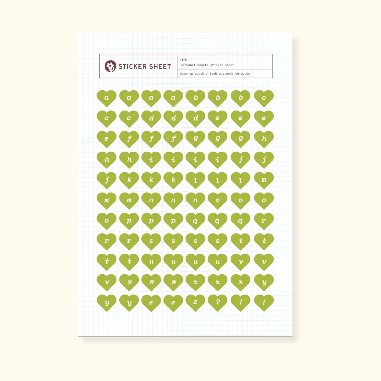 Alphabet Hearts Sticker Sheet — Olive Green